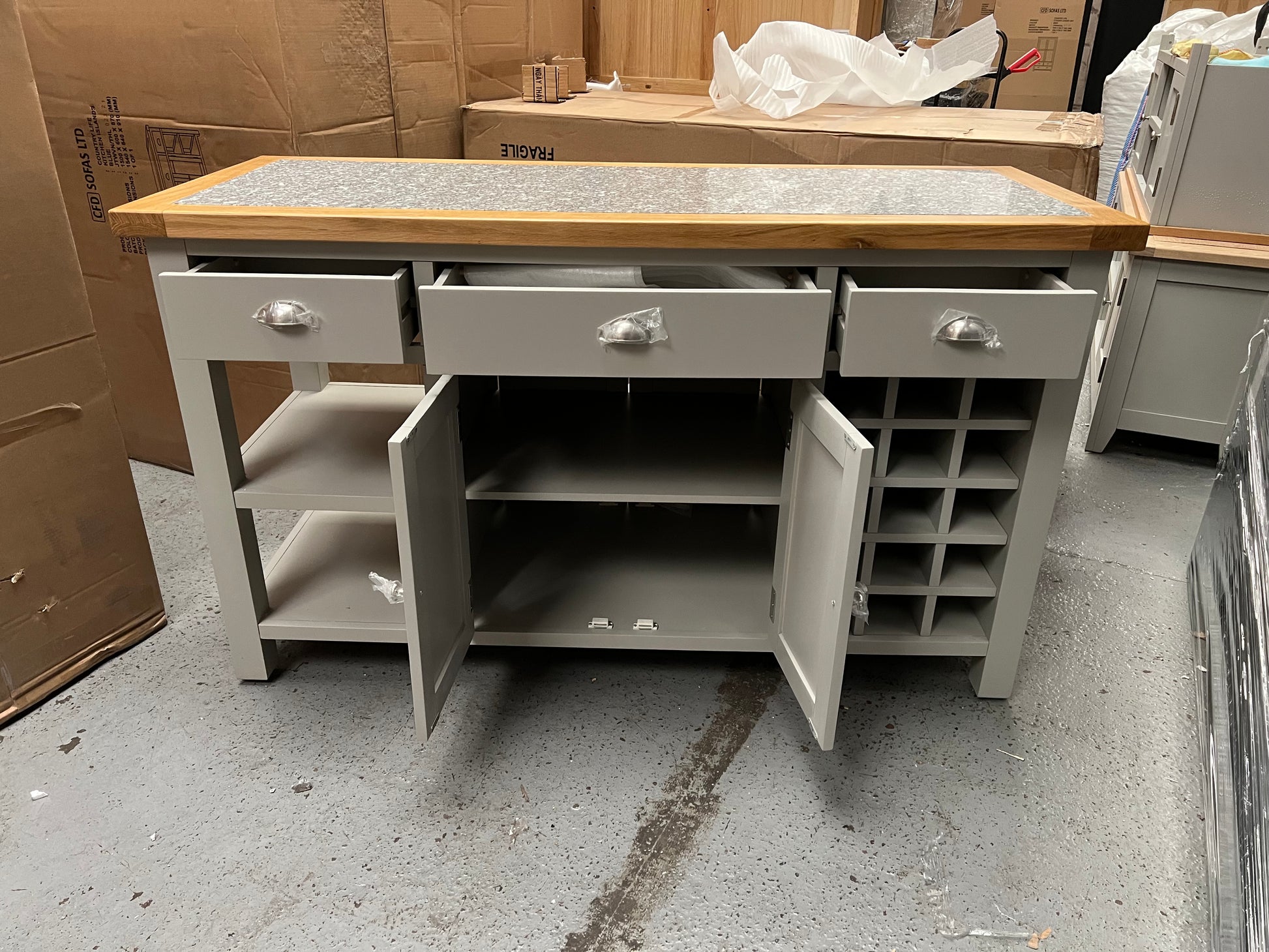 Hampshire ‘Country Life’ kitchen Island With Wine Rack - Grey Quality Furniture Clearance Ltd