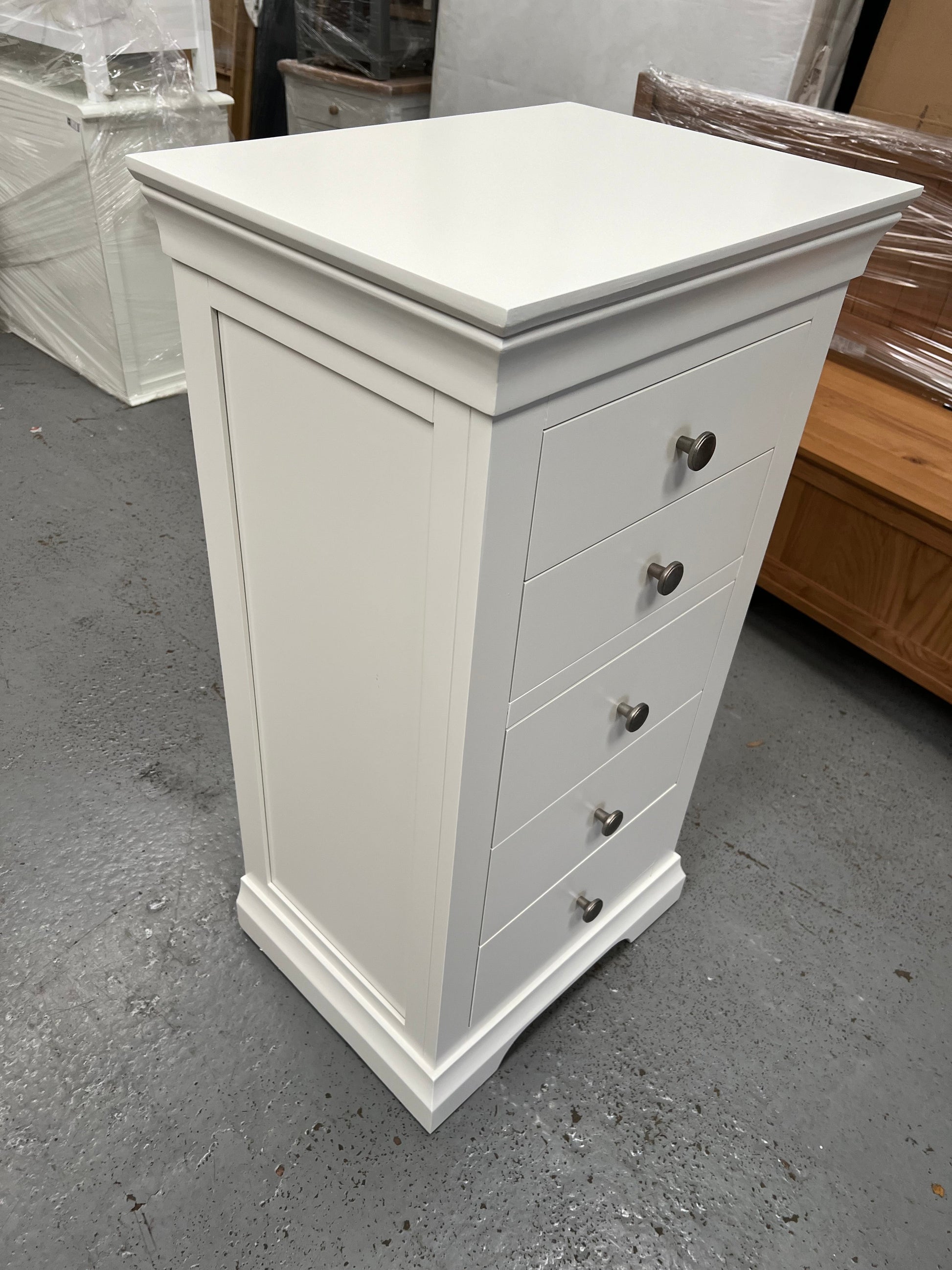 Chantilly Warm White Tall 5 Drawer Chest Quality Furniture Clearance Ltd