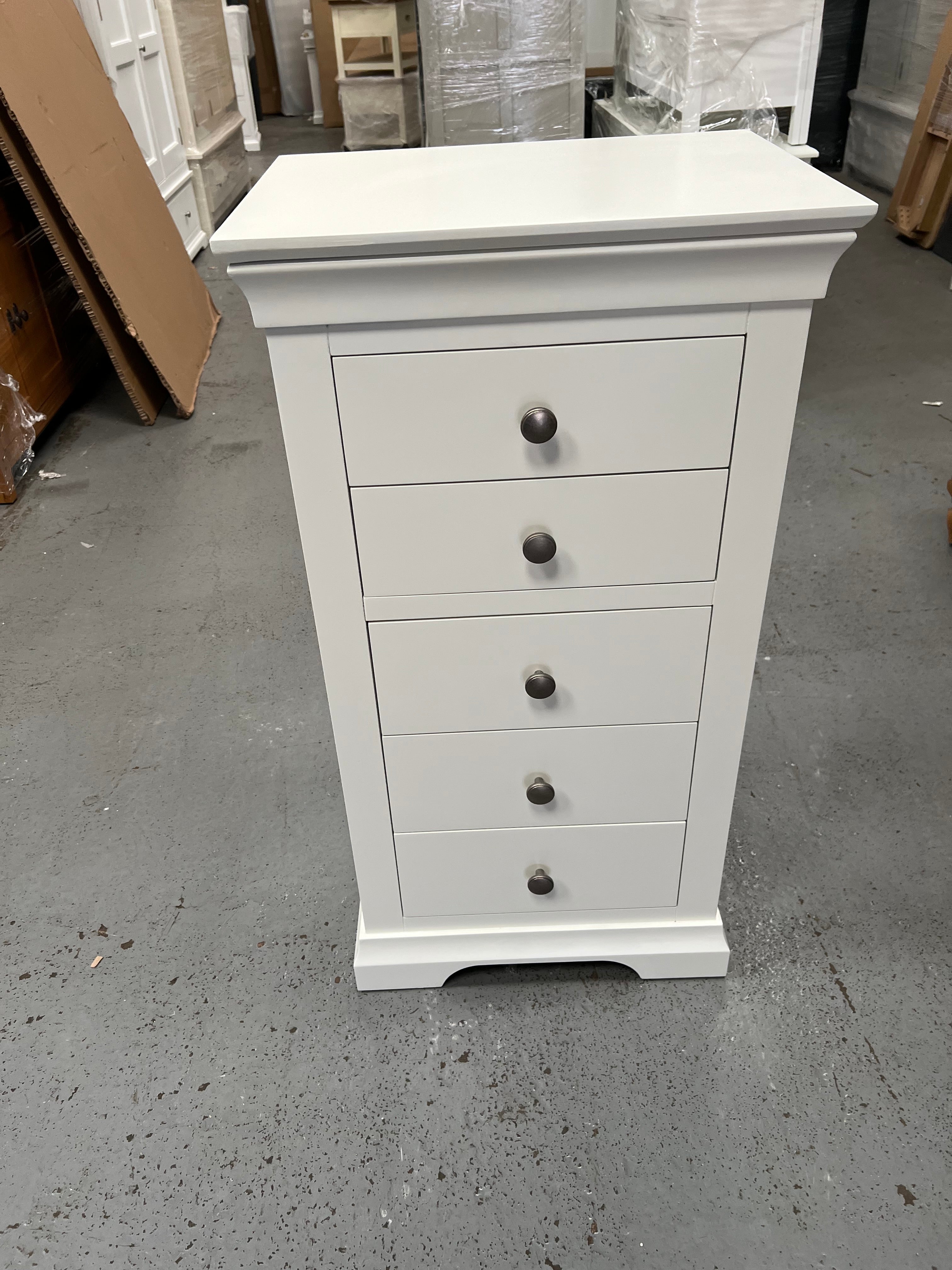 Chantilly Warm White Tall 5 Drawer Chest Quality Furniture Clearance Ltd