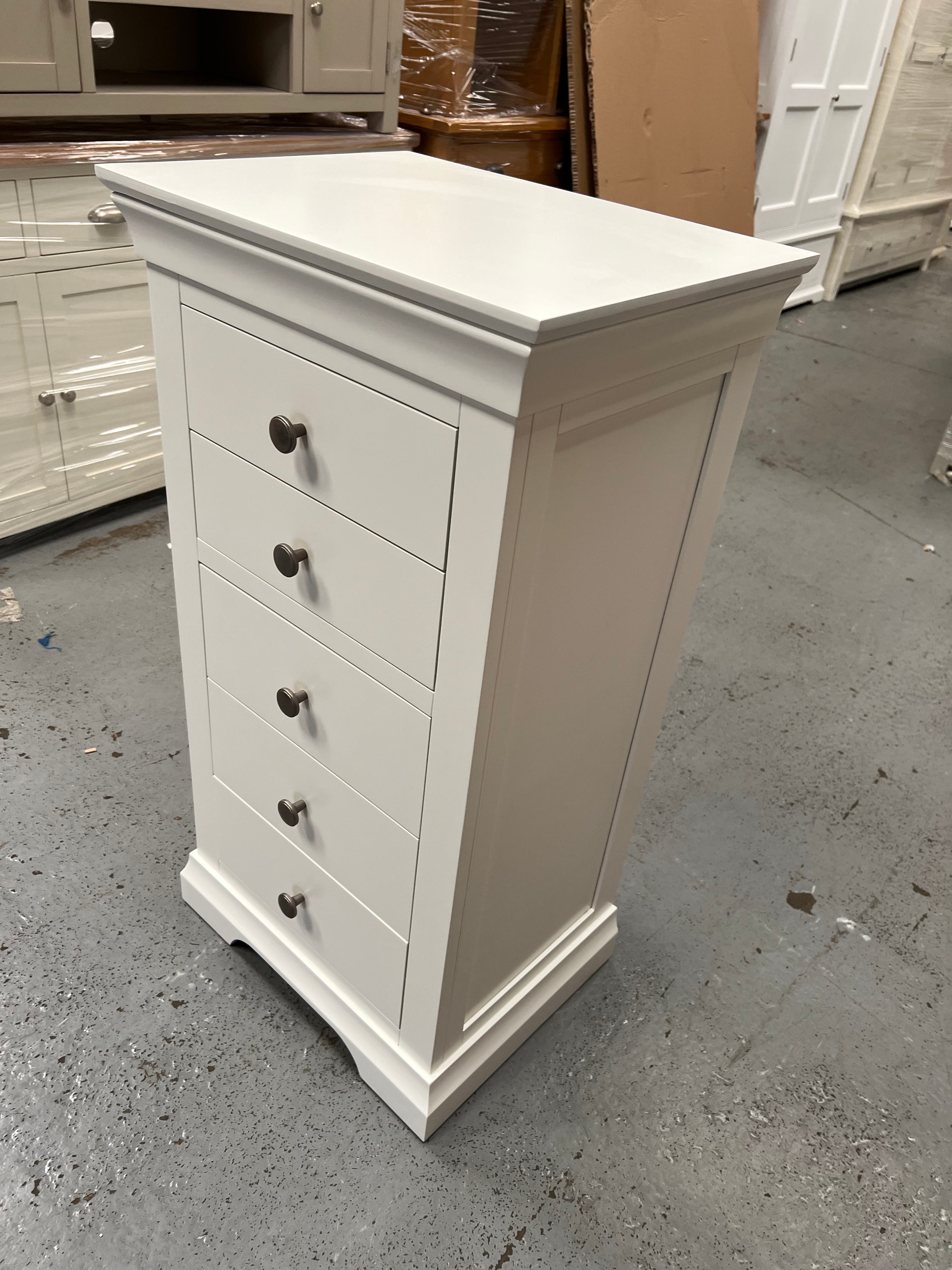 Chantilly Warm White Tall 5 Drawer Chest Quality Furniture Clearance Ltd
