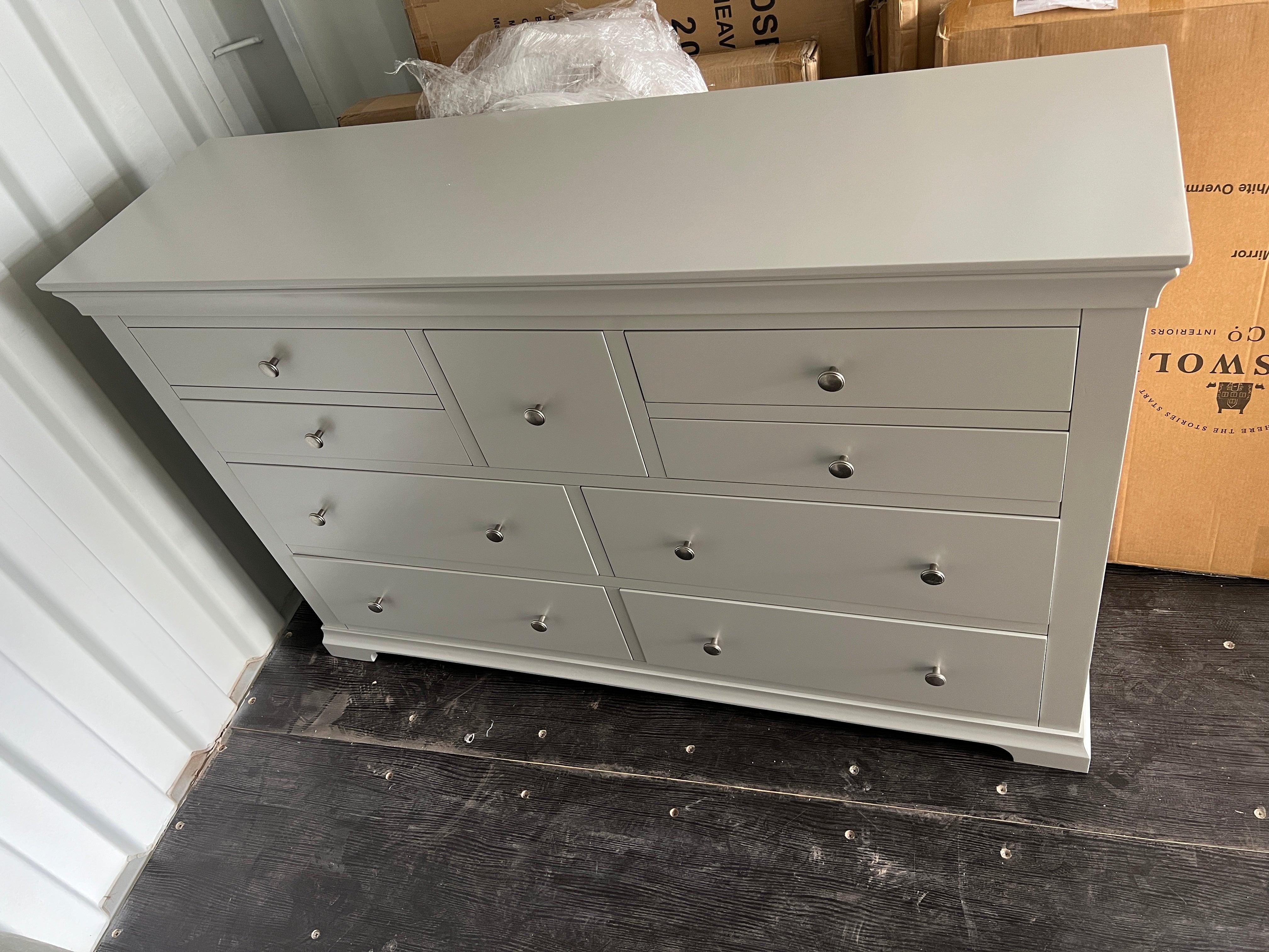 Chantilly Pebble Grey Wide 9 Drawer Chest. furniture delivered