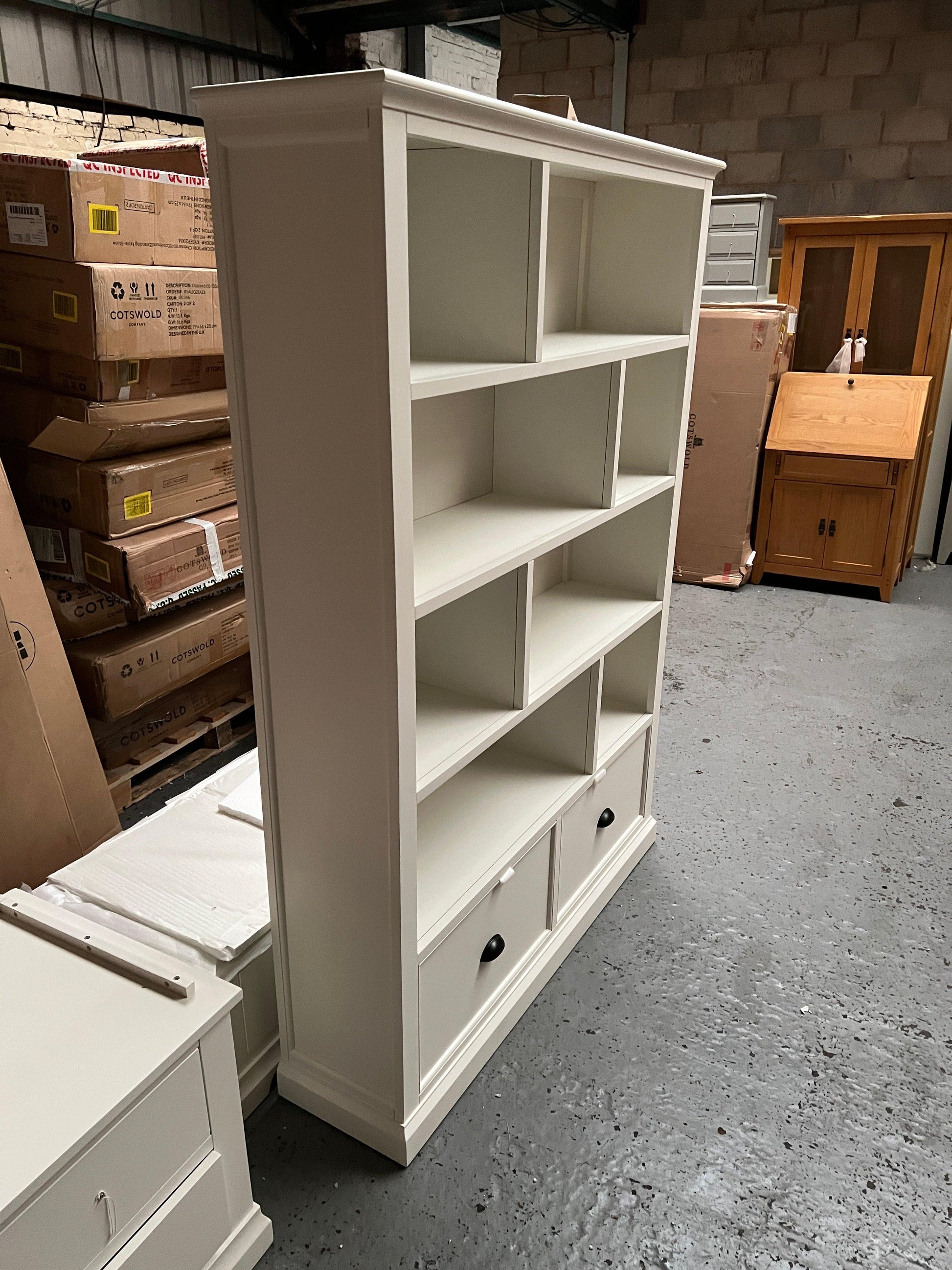 Stow Warm White Large Bookcase with Drawers Quality Furniture Clearance Ltd