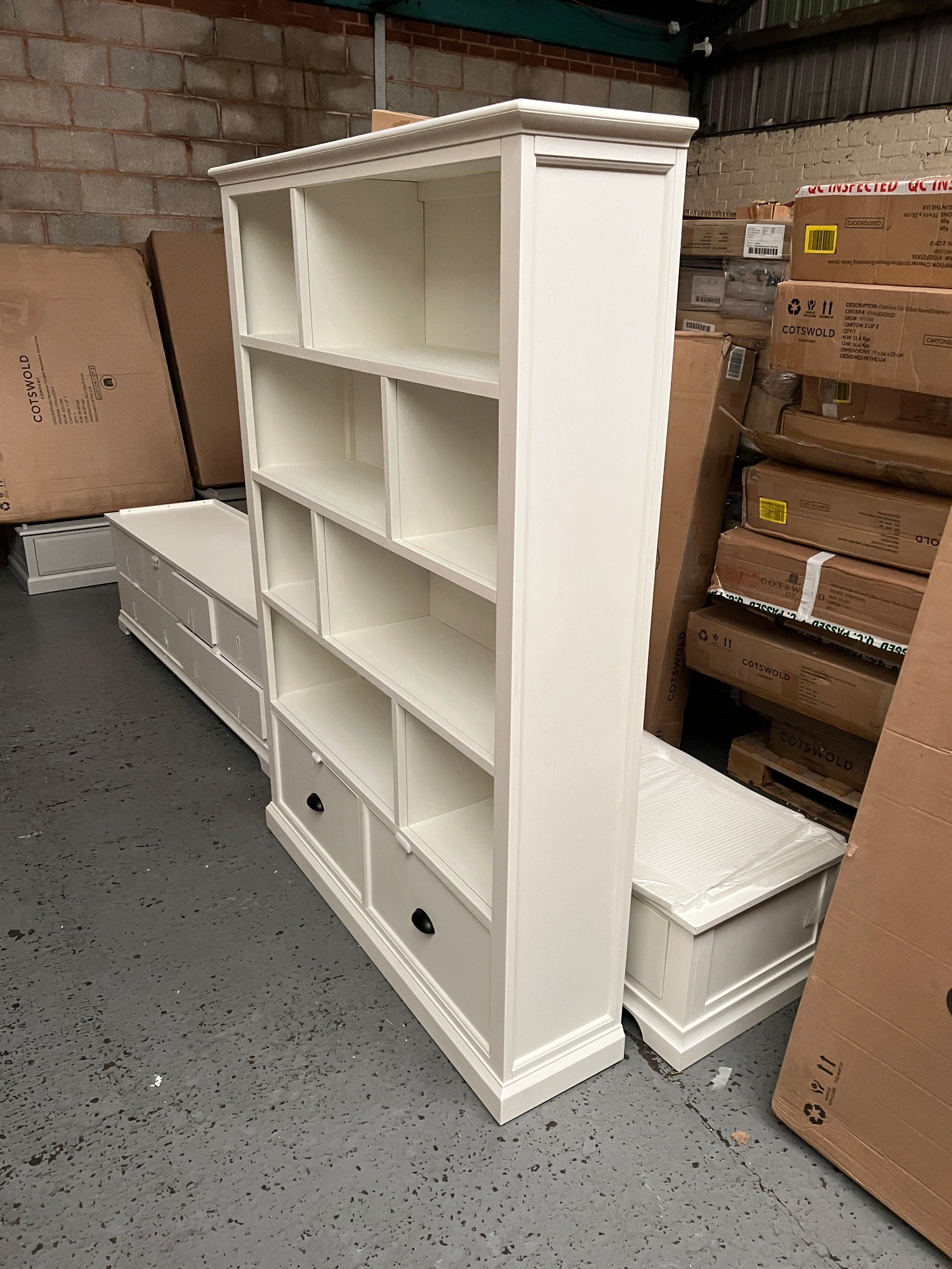 Stow Warm White Large Bookcase with Drawers Quality Furniture Clearance Ltd